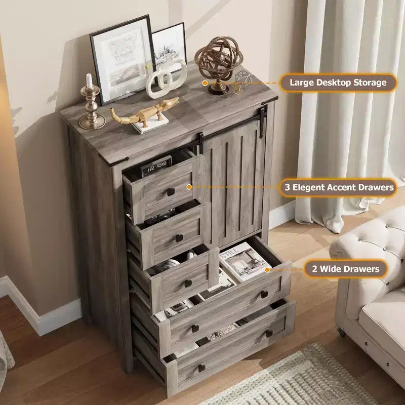 Commode de chambre à 5 tiroirs de style ferme, commode en bois avec porte de grange coulissante, étagère réglable, organisateur de rangement pour chambre à coucher