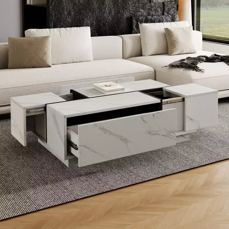 Une table basse rectangulaire à plateau coulissant avec 2 tiroirs et 2 espaces de rangement cachés, adaptée au salon
