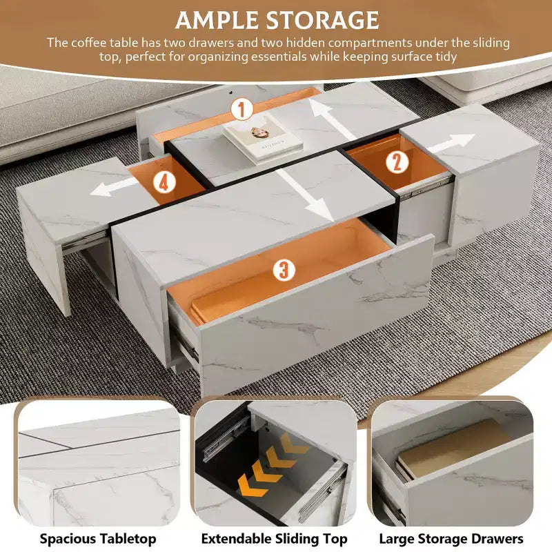 Une table basse rectangulaire à plateau coulissant avec 2 tiroirs et 2 espaces de rangement cachés, adaptée au salon