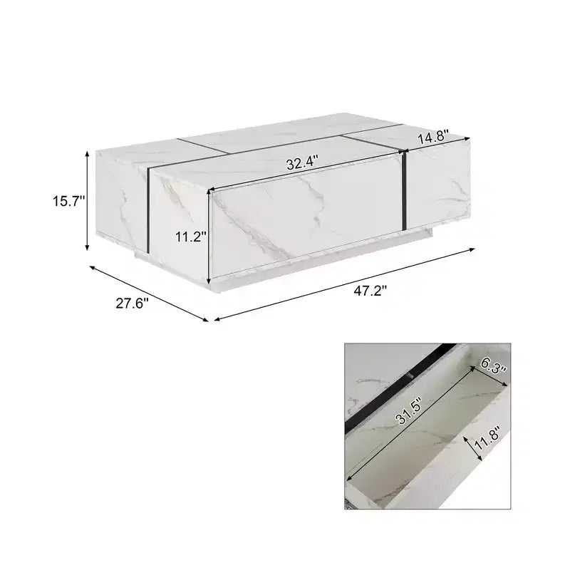 Une table basse rectangulaire à plateau coulissant avec 2 tiroirs et 2 espaces de rangement cachés, adaptée au salon