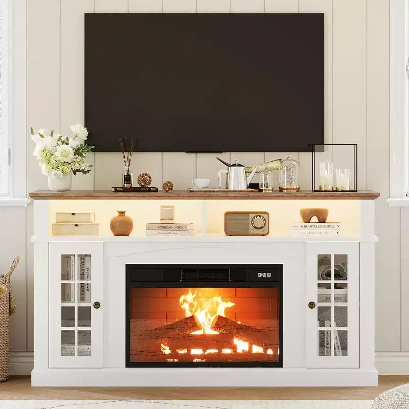 Meuble TV moderne de 58 pouces pour téléviseurs de 70 pouces - Meuble avec portes vitrées et étagère réglable, convient pour cheminée électrique de 23 pouces