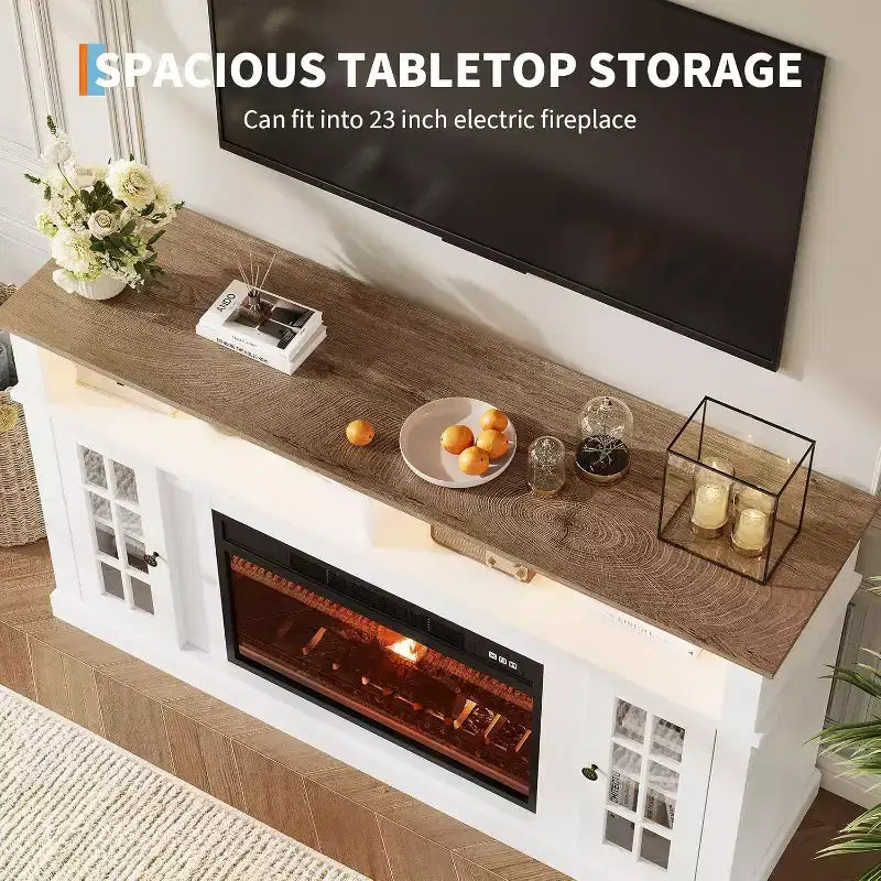 Meuble TV moderne de 58 pouces pour téléviseurs de 70 pouces - Meuble avec portes vitrées et étagère réglable, convient pour cheminée électrique de 23 pouces