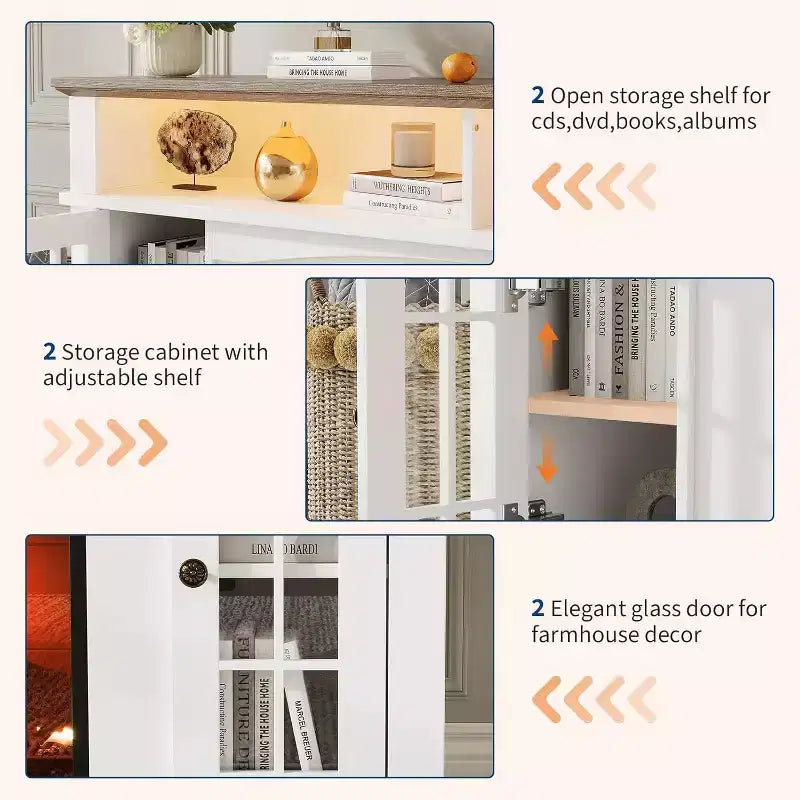Meuble TV moderne de 58 pouces pour téléviseurs de 70 pouces - Meuble avec portes vitrées et étagère réglable, convient pour cheminée électrique de 23 pouces