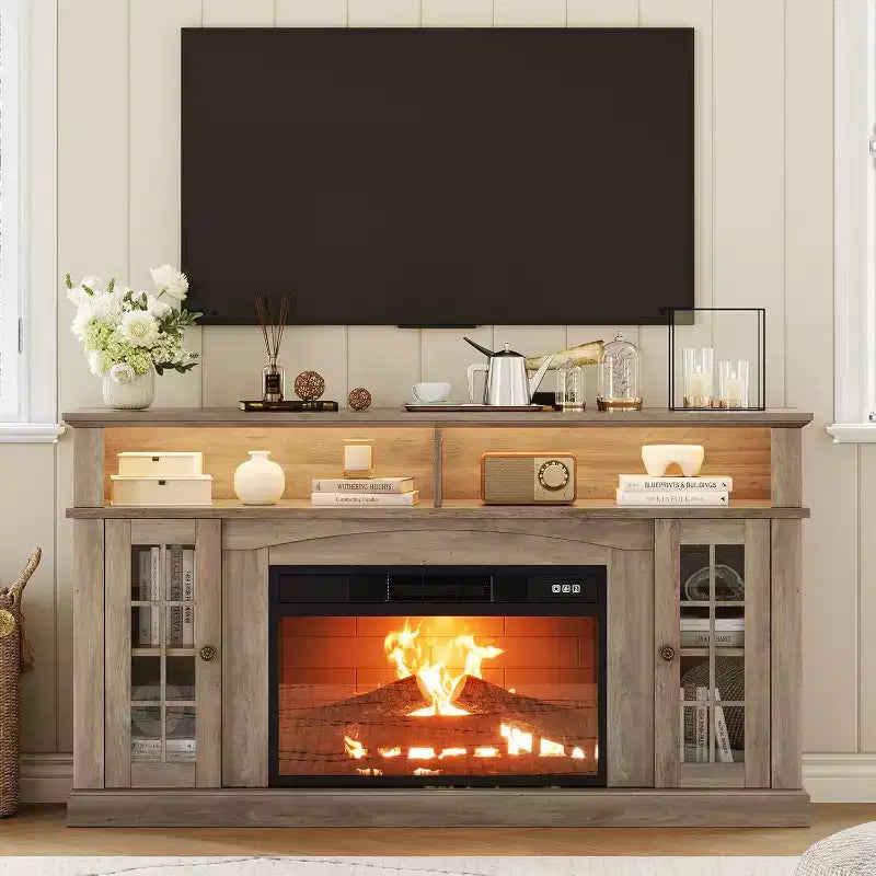 Meuble TV moderne de 58 pouces pour téléviseurs de 70 pouces - Meuble avec portes vitrées et étagère réglable, convient pour cheminée électrique de 23 pouces