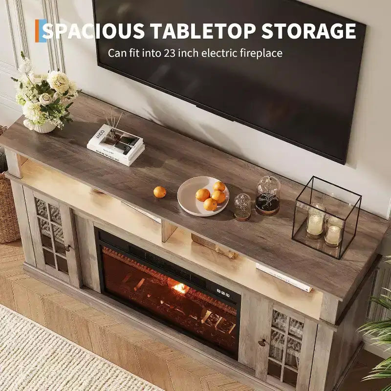 Meuble TV moderne de 58 pouces pour téléviseurs de 70 pouces - Meuble avec portes vitrées et étagère réglable, convient pour cheminée électrique de 23 pouces