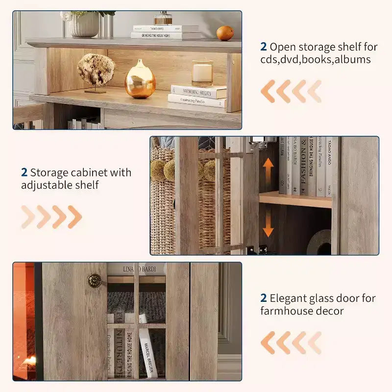 Meuble TV moderne de 58 pouces pour téléviseurs de 70 pouces - Meuble avec portes vitrées et étagère réglable, convient pour cheminée électrique de 23 pouces