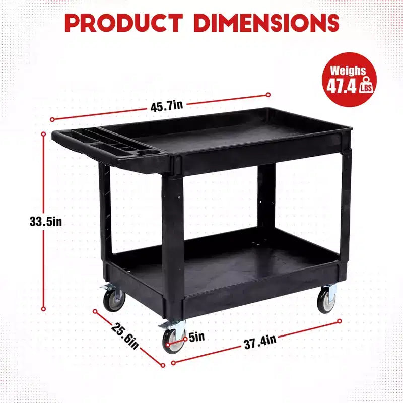 COZONY Chariot de service à 2 étagères 45x25 avec roues, capacité de 250 kg, chariot roulant avec étagères à rebords