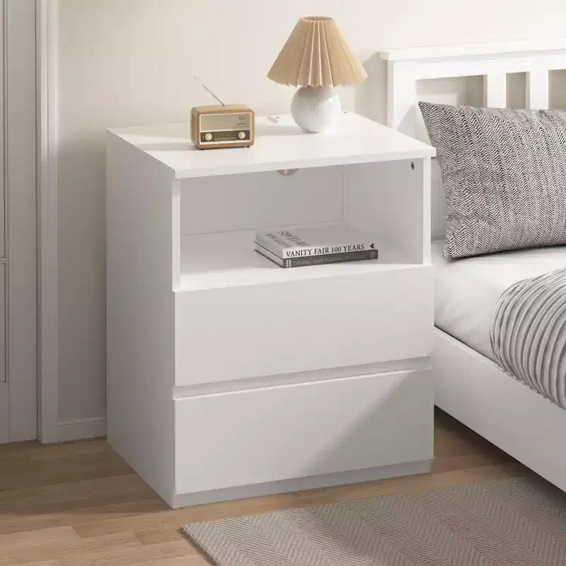 End Table with Fast USB c Charging Station, 2-Drawer Sofa Side Table with Large Storage, Modern White Particle Board Nightstand
