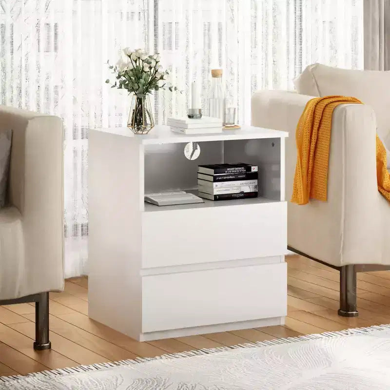 Table d'appoint avec station de chargement USB-C rapide, table d'appoint de canapé à 2 tiroirs avec grand espace de rangement, table de chevet moderne en panneaux de particules blancs