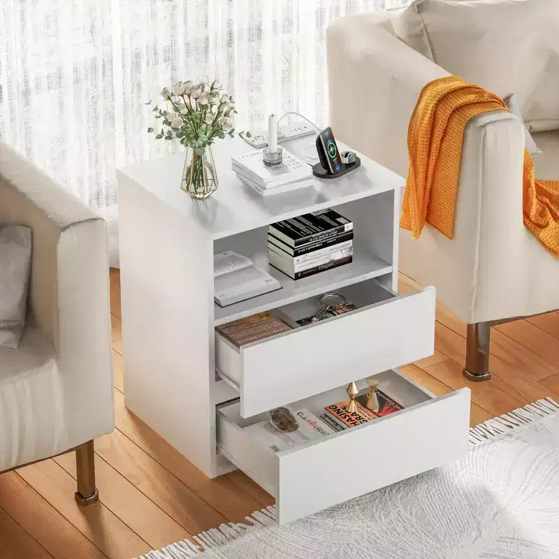 Table d'appoint avec station de chargement USB-C rapide, table d'appoint de canapé à 2 tiroirs avec grand espace de rangement, table de chevet moderne en panneaux de particules blancs