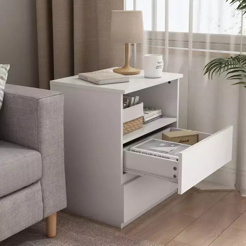 Table d'appoint avec station de chargement USB-C rapide, table d'appoint de canapé à 2 tiroirs avec grand espace de rangement, table de chevet moderne en panneaux de particules blancs
