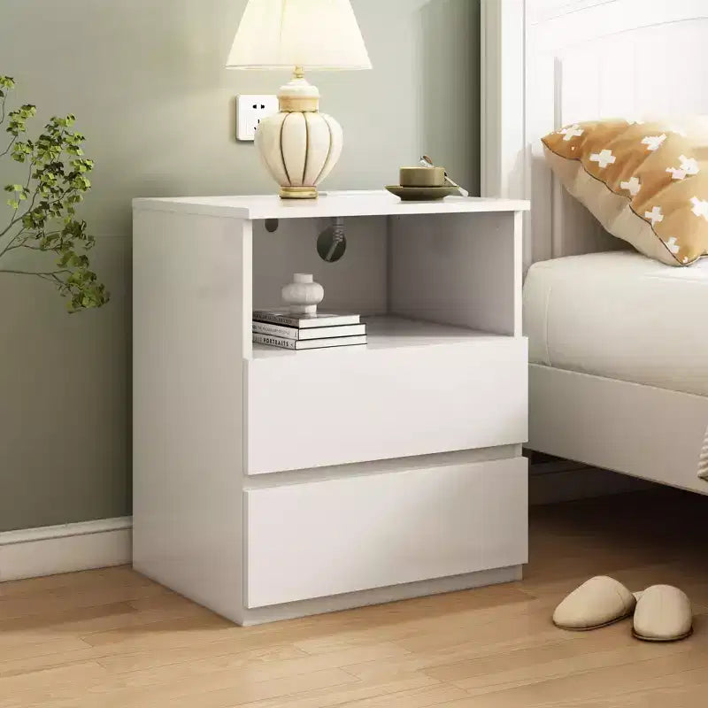 Table d'appoint avec station de chargement USB-C rapide, table d'appoint de canapé à 2 tiroirs avec grand espace de rangement, table de chevet moderne en panneaux de particules blancs