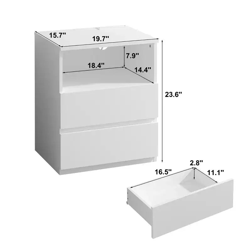 Table d'appoint avec station de chargement USB-C rapide, table d'appoint de canapé à 2 tiroirs avec grand espace de rangement, table de chevet moderne en panneaux de particules blancs