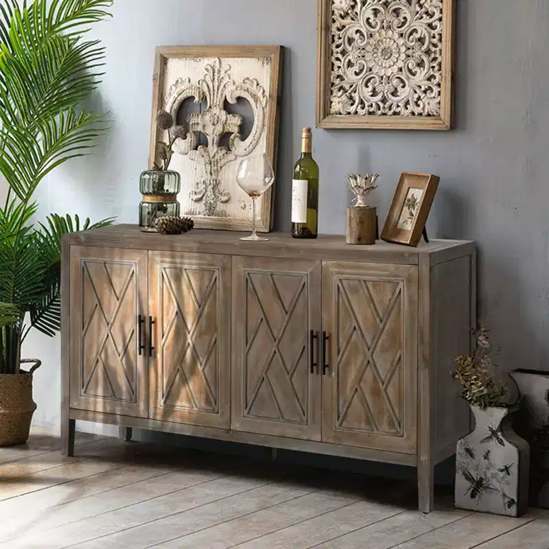 Buffet bahut de ferme moderne de 60 po, armoire de rangement d'appoint à 4 portes à motif géométrique avec étagères réglables - Panipeachy