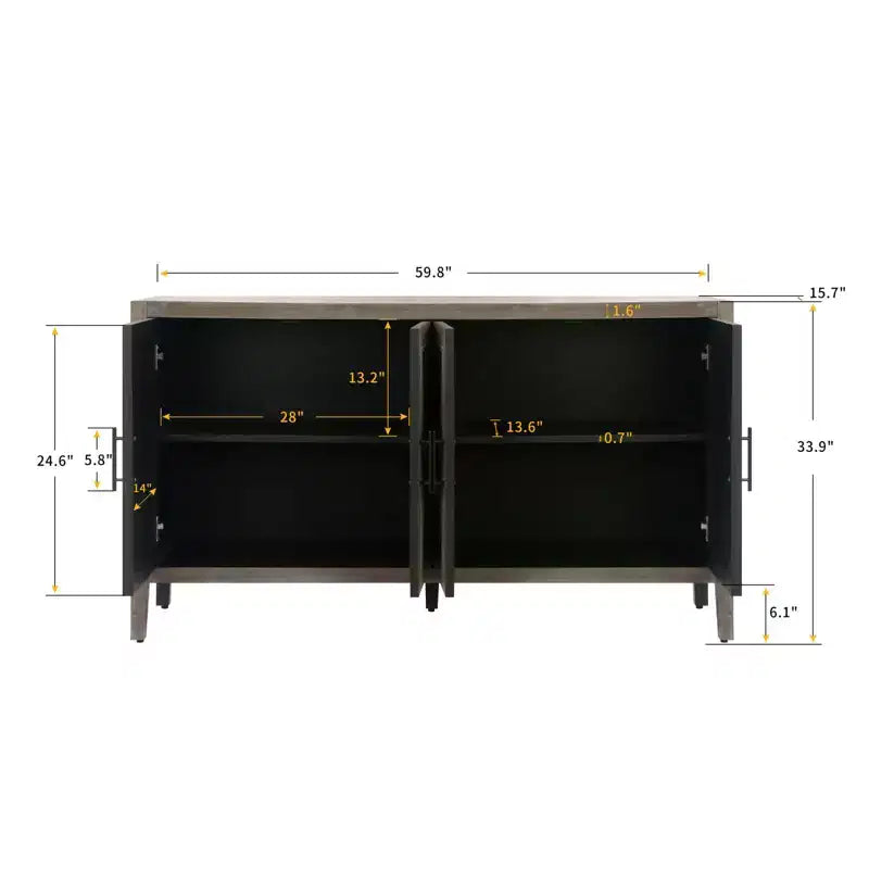 Buffet bahut de ferme moderne de 60 po, armoire de rangement d'appoint à 4 portes à motif géométrique avec étagères réglables - Panipeachy