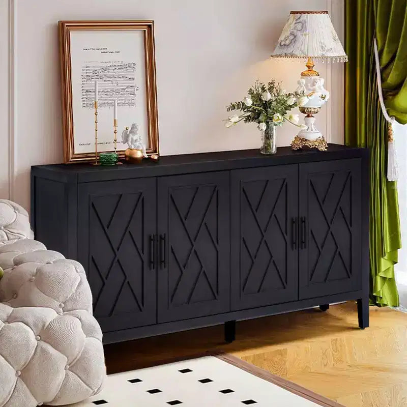 Buffet bahut de ferme moderne de 60 po, armoire de rangement d'appoint à 4 portes à motif géométrique avec étagères réglables - Panipeachy