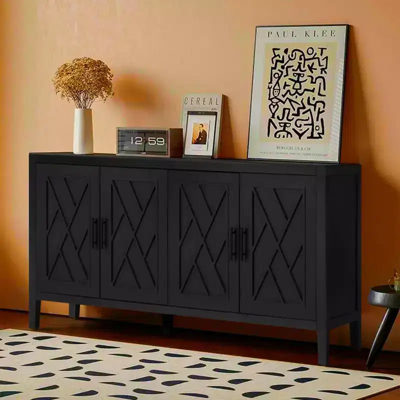 Buffet bahut de ferme moderne de 60 po, armoire de rangement d'appoint à 4 portes à motif géométrique avec étagères réglables - Panipeachy