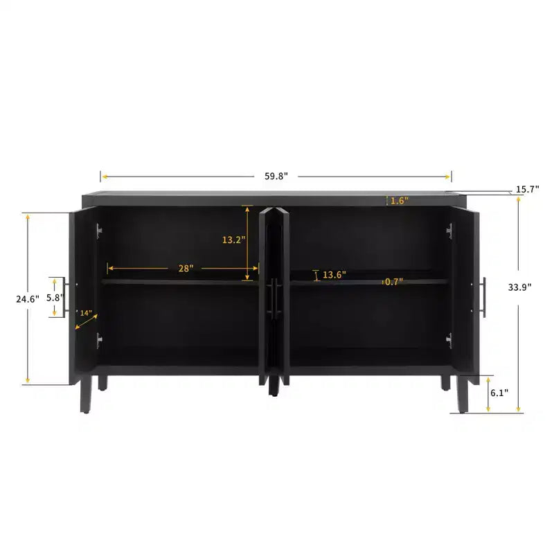 Buffet bahut de ferme moderne de 60 po, armoire de rangement d'appoint à 4 portes à motif géométrique avec étagères réglables - Panipeachy
