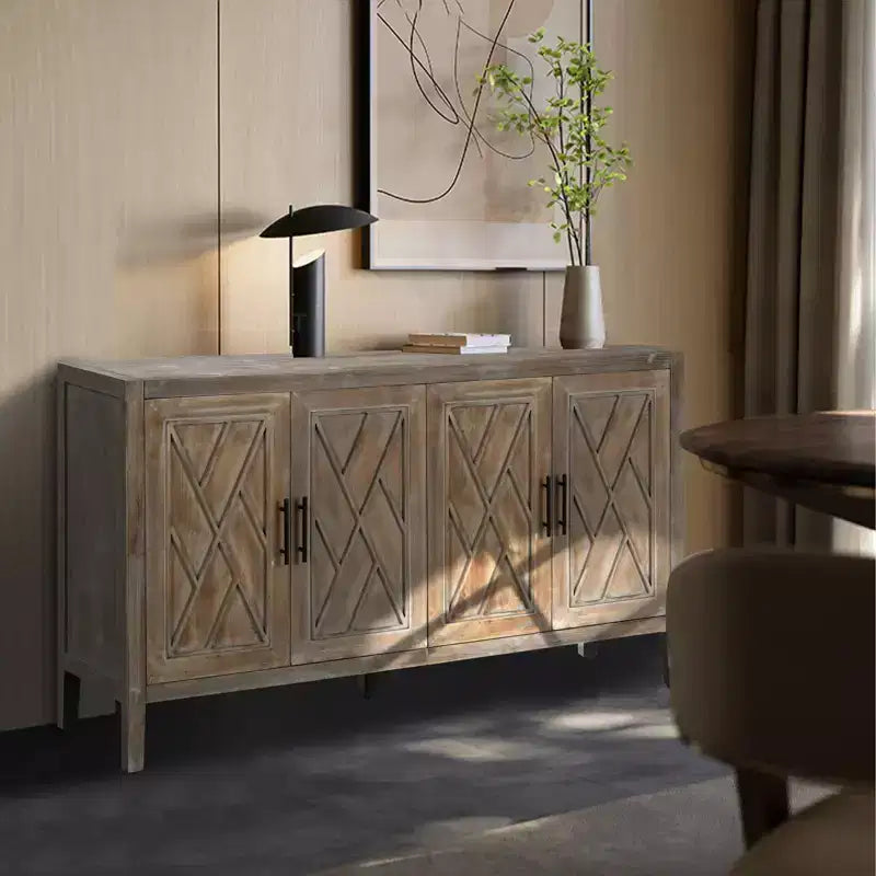 Buffet bahut de ferme moderne de 60 po, armoire de rangement d'appoint à 4 portes à motif géométrique avec étagères réglables - Panipeachy