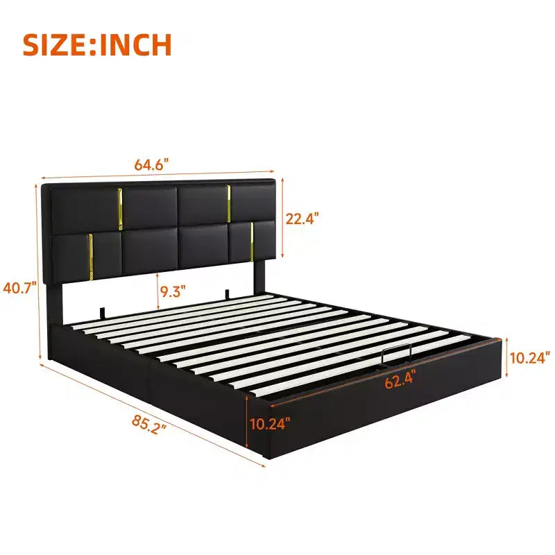 Lit plateforme capitonné en similicuir (PU) Queen Size avec système de rangement hydraulique, sommier en bois avec rangement relevable et tête de lit