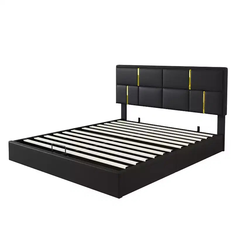 Lit plateforme capitonné en similicuir (PU) Queen Size avec système de rangement hydraulique, sommier en bois avec rangement relevable et tête de lit