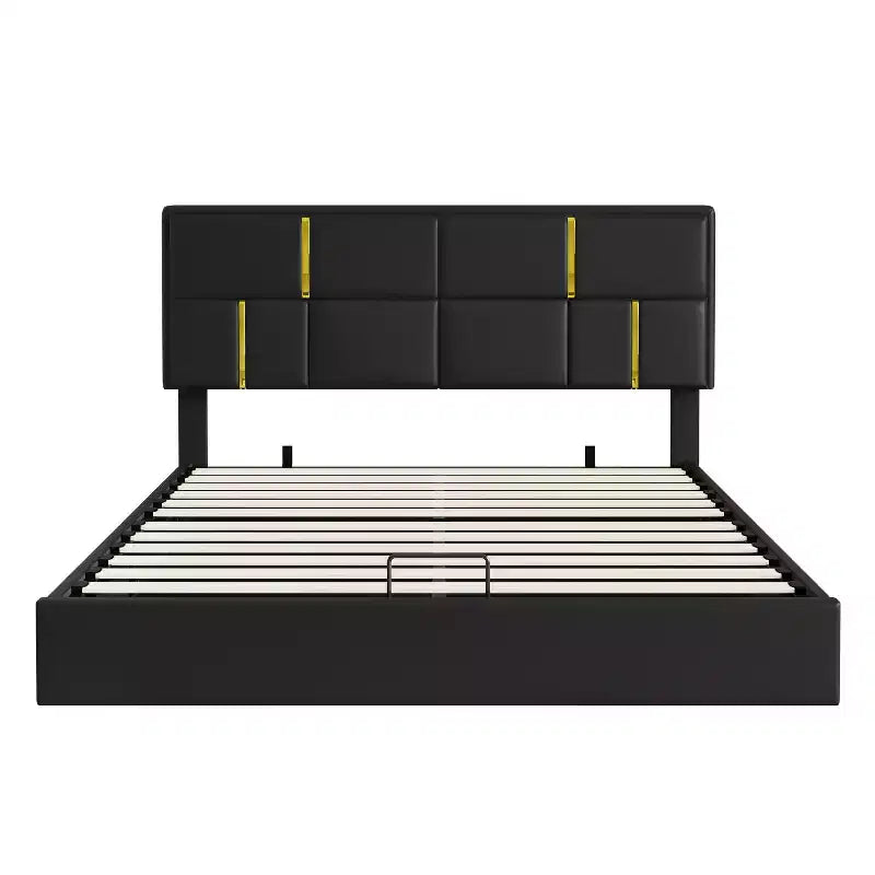 Lit plateforme capitonné en similicuir (PU) Queen Size avec système de rangement hydraulique, sommier en bois avec rangement relevable et tête de lit