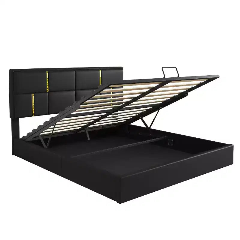 Lit plateforme capitonné en similicuir (PU) Queen Size avec système de rangement hydraulique, sommier en bois avec rangement relevable et tête de lit
