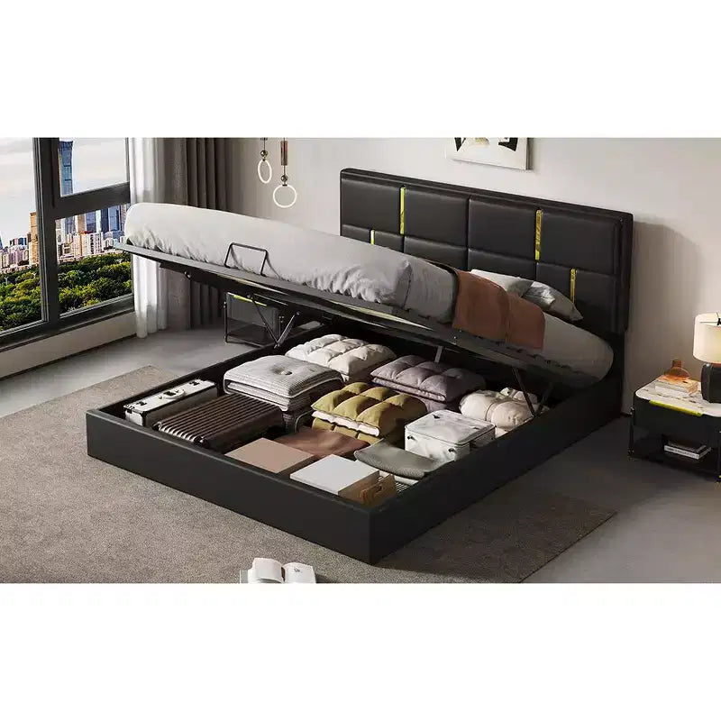 Lit plateforme capitonné en similicuir (PU) Queen Size avec système de rangement hydraulique, sommier en bois avec rangement relevable et tête de lit