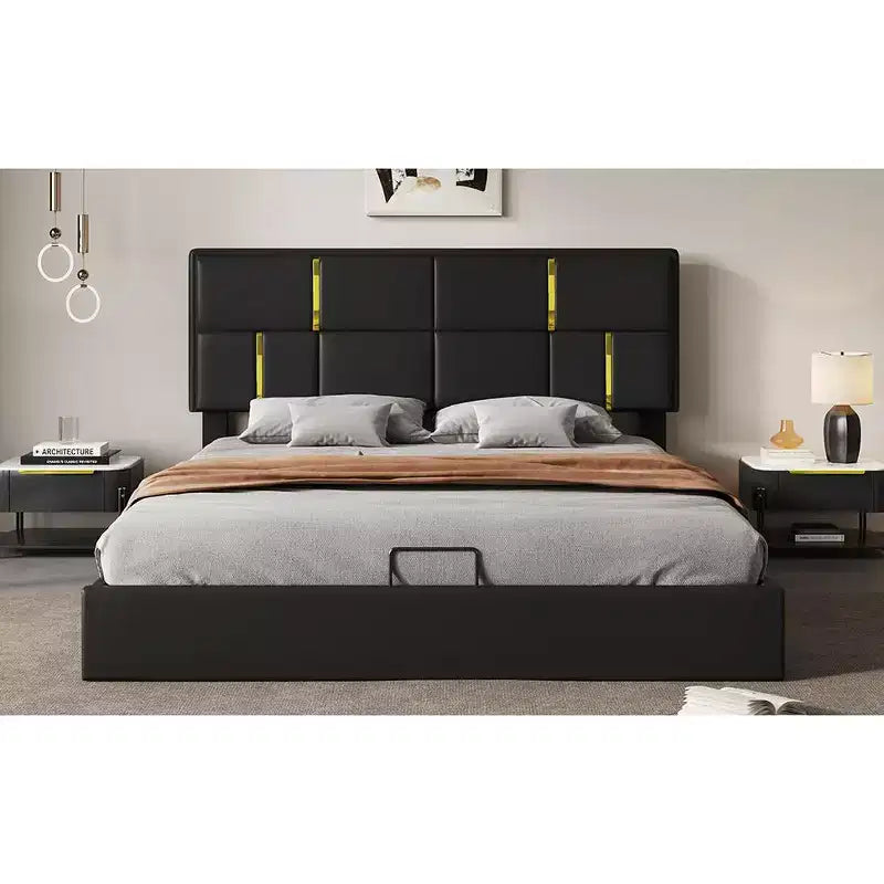 Lit plateforme capitonné en similicuir (PU) Queen Size avec système de rangement hydraulique, sommier en bois avec rangement relevable et tête de lit
