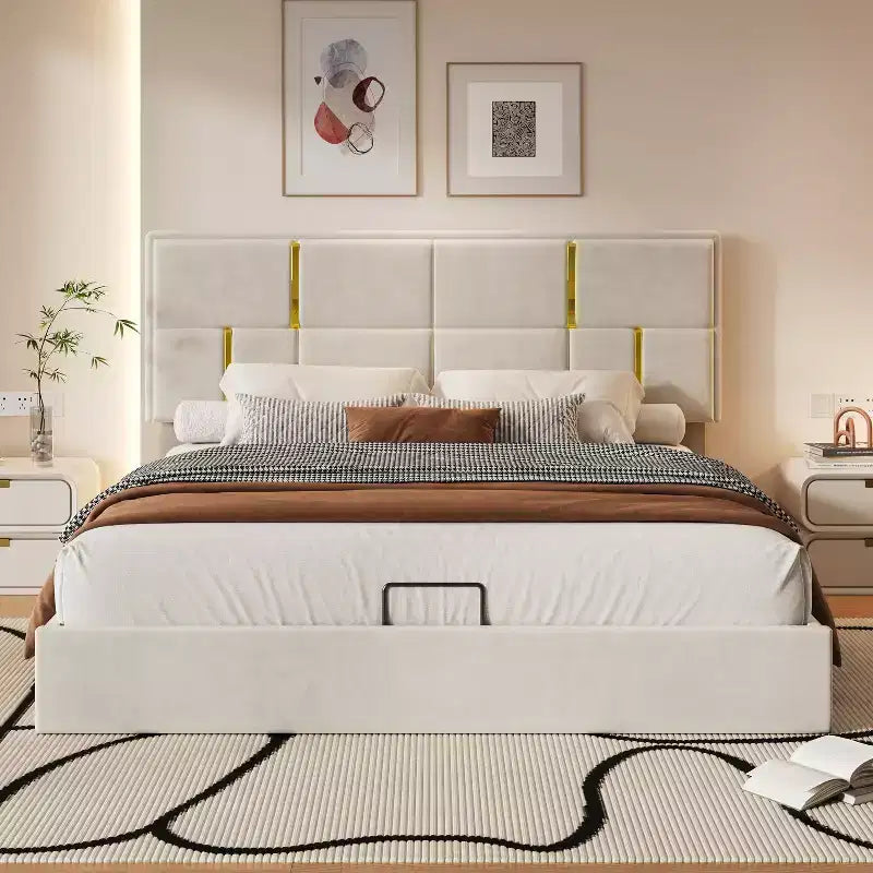 Lit plateforme capitonné en similicuir (PU) Queen Size avec système de rangement hydraulique, sommier en bois avec rangement relevable et tête de lit