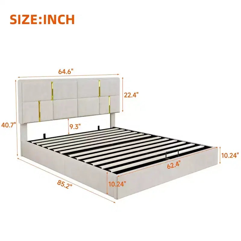 Lit plateforme capitonné en similicuir (PU) Queen Size avec système de rangement hydraulique, sommier en bois avec rangement relevable et tête de lit