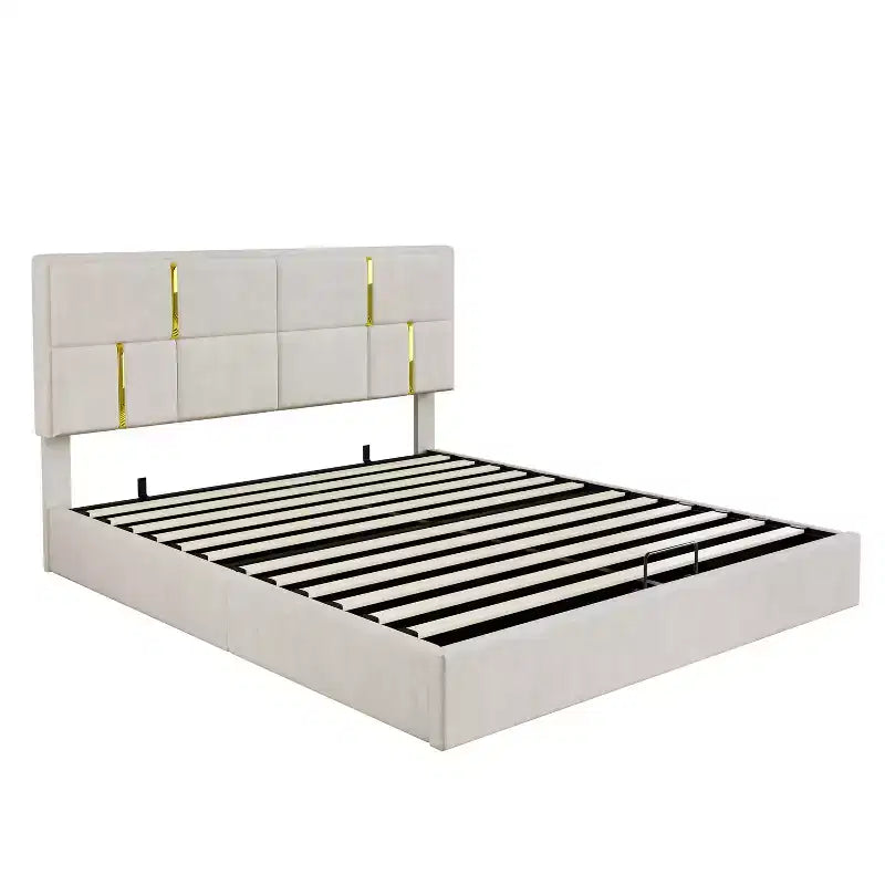 Lit plateforme capitonné en similicuir (PU) Queen Size avec système de rangement hydraulique, sommier en bois avec rangement relevable et tête de lit