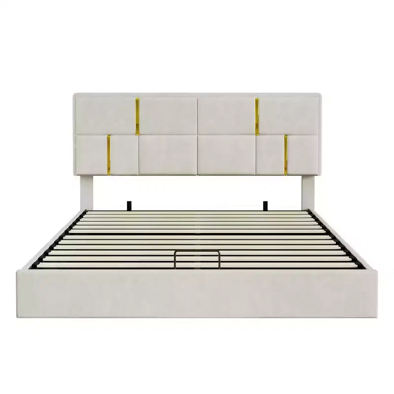Lit plateforme capitonné en similicuir (PU) Queen Size avec système de rangement hydraulique, sommier en bois avec rangement relevable et tête de lit