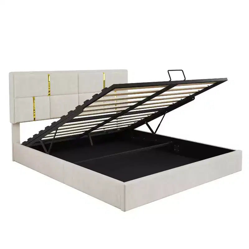 Lit plateforme capitonné en similicuir (PU) Queen Size avec système de rangement hydraulique, sommier en bois avec rangement relevable et tête de lit