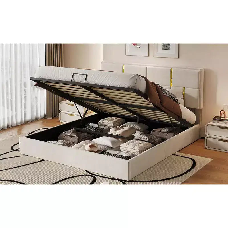 Lit plateforme capitonné en similicuir (PU) Queen Size avec système de rangement hydraulique, sommier en bois avec rangement relevable et tête de lit