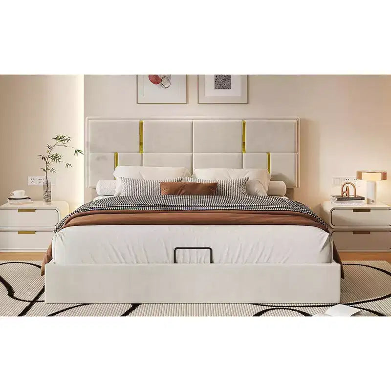 Lit plateforme capitonné en similicuir (PU) Queen Size avec système de rangement hydraulique, sommier en bois avec rangement relevable et tête de lit