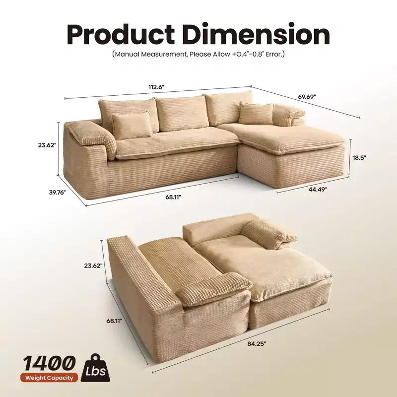 HOMLUX 112 Canapé d'angle moderne avec accoudoirs courbés, revêtement en velours côtelé moelleux, aucun assemblage requis