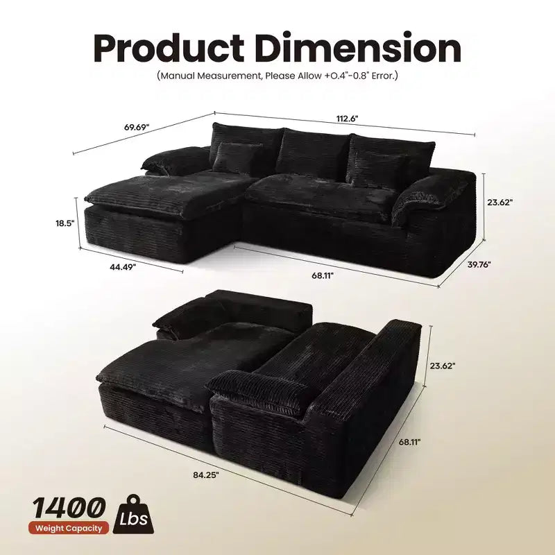 HOMLUX 112 Canapé d'angle moderne avec accoudoirs courbés, revêtement en velours côtelé moelleux, aucun assemblage requis