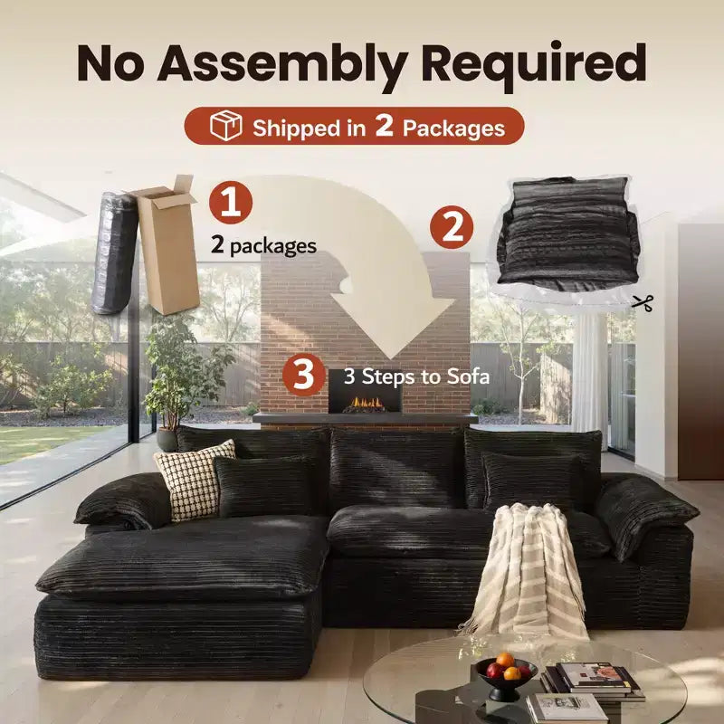 HOMLUX 112 Canapé d'angle moderne avec accoudoirs courbés, revêtement en velours côtelé moelleux, aucun assemblage requis