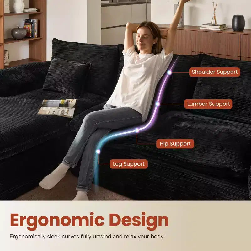 HOMLUX 112 Canapé d'angle moderne avec accoudoirs courbés, revêtement en velours côtelé moelleux, aucun assemblage requis