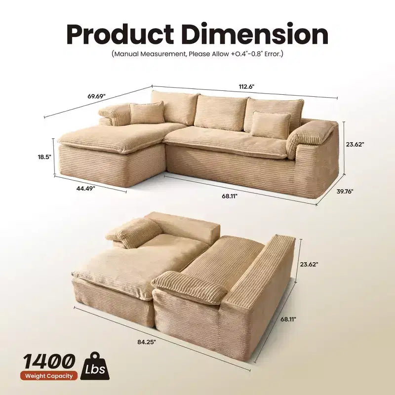 HOMLUX 112 Canapé d'angle moderne avec accoudoirs courbés, revêtement en velours côtelé moelleux, aucun assemblage requis