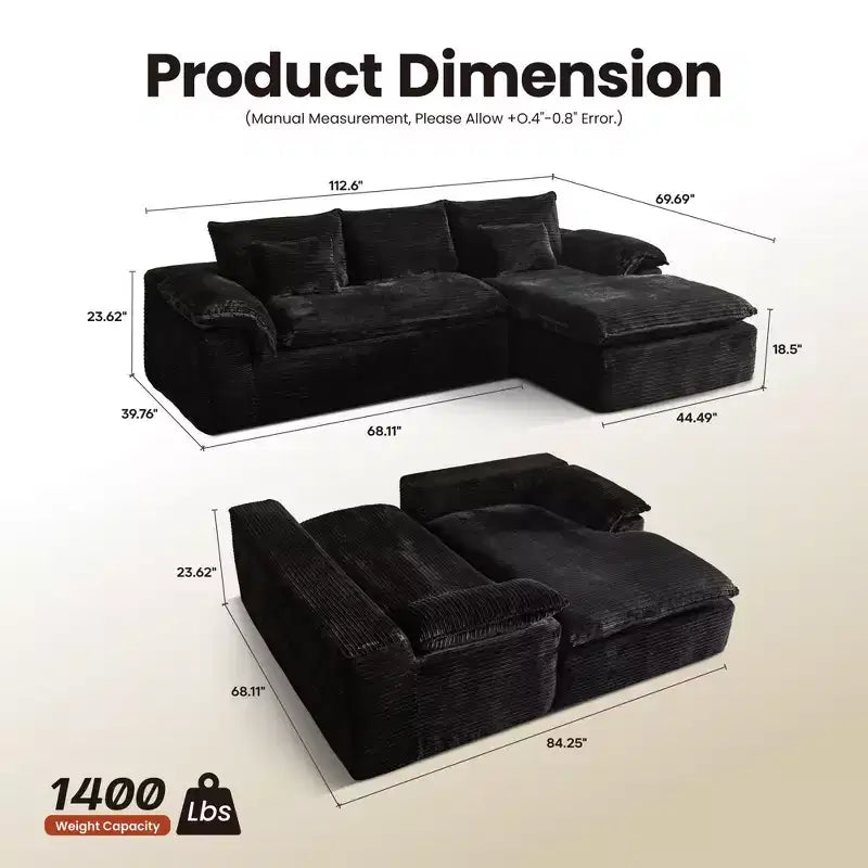 HOMLUX 112 Canapé d'angle moderne avec accoudoirs courbés, revêtement en velours côtelé moelleux, aucun assemblage requis