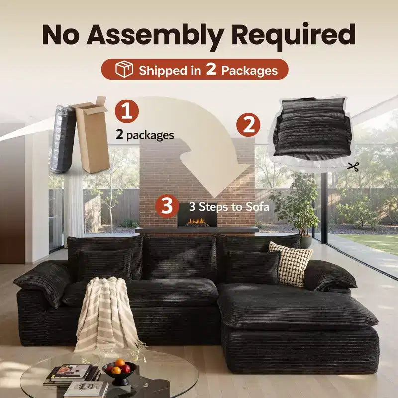 HOMLUX 112 Canapé d'angle moderne avec accoudoirs courbés, revêtement en velours côtelé moelleux, aucun assemblage requis