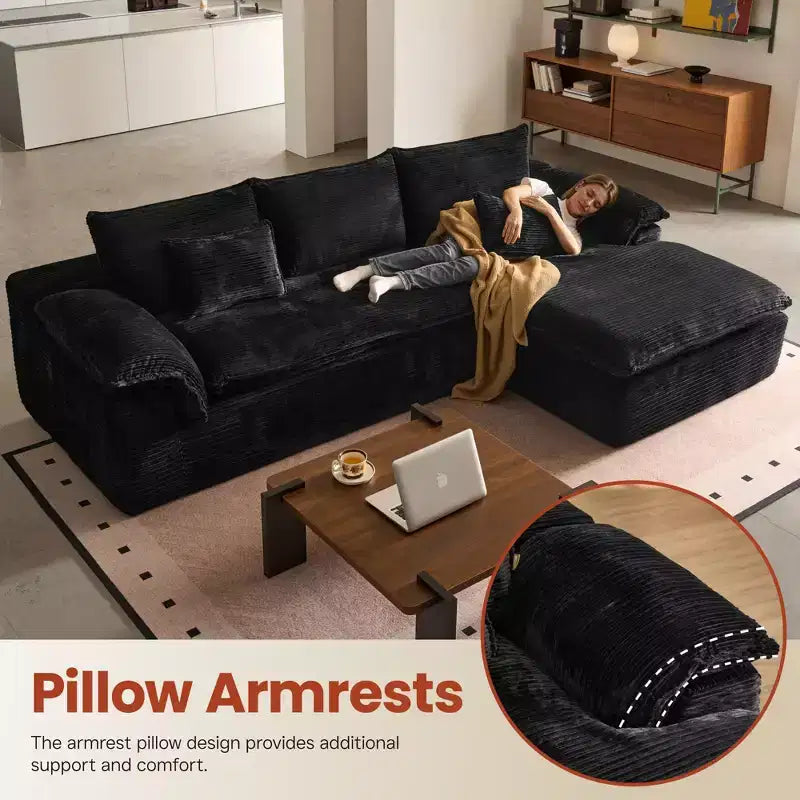 HOMLUX 112 Canapé d'angle moderne avec accoudoirs courbés, revêtement en velours côtelé moelleux, aucun assemblage requis