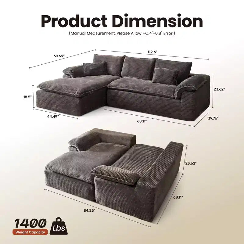 HOMLUX 112 Canapé d'angle moderne avec accoudoirs courbés, revêtement en velours côtelé moelleux, aucun assemblage requis
