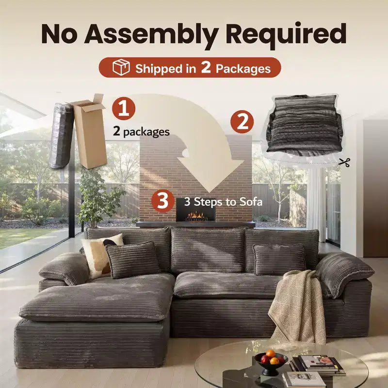 HOMLUX 112 Canapé d'angle moderne avec accoudoirs courbés, revêtement en velours côtelé moelleux, aucun assemblage requis
