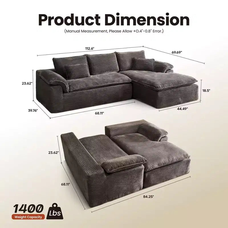 HOMLUX 112 Canapé d'angle moderne avec accoudoirs courbés, revêtement en velours côtelé moelleux, aucun assemblage requis