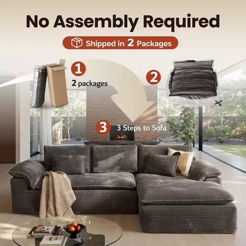 HOMLUX 112 Canapé d'angle moderne avec accoudoirs courbés, revêtement en velours côtelé moelleux, aucun assemblage requis