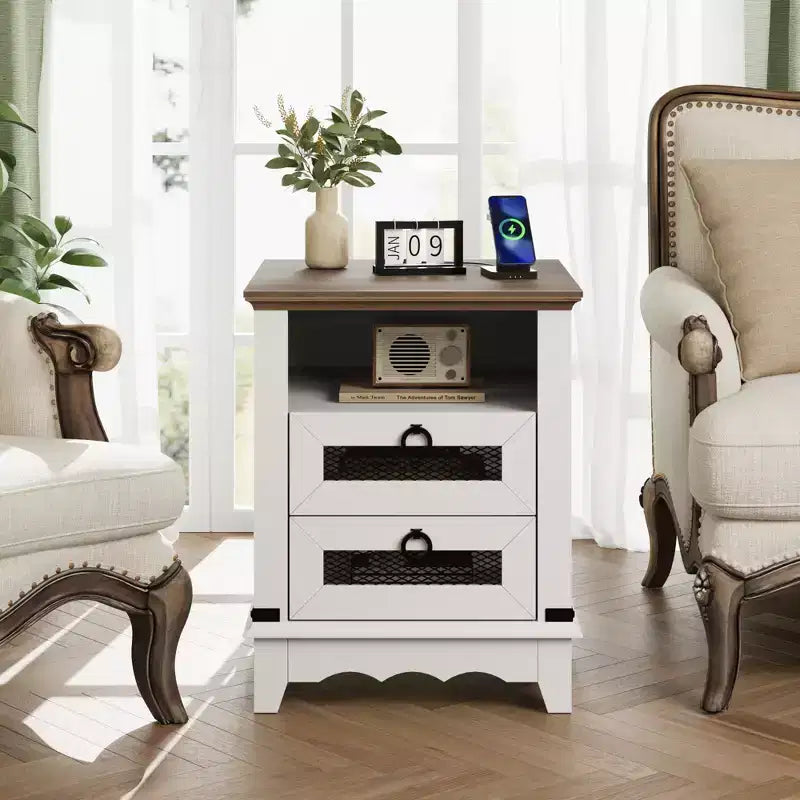 Table d'appoint de ferme avec station de recharge – Table basse rustique en bois – 2 tiroirs et étagère ouverte – Accent de chevet pour chambre, salon, bureau à domicile