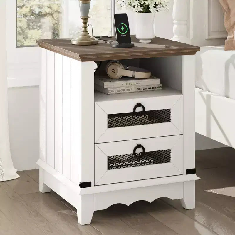 Table d'appoint de ferme avec station de recharge – Table basse rustique en bois – 2 tiroirs et étagère ouverte – Accent de chevet pour chambre, salon, bureau à domicile
